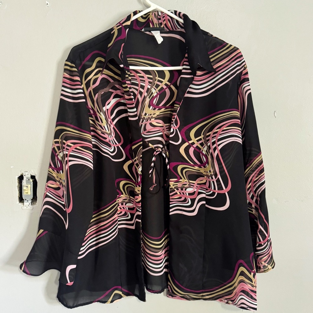 Retro Fashion Bug Sheer Front Tie Flounce Top Size XL